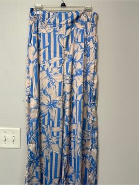 Blue & Cream Floral-Stripe Wide Leg Pants